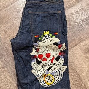 Ed Hardy Dark Blue Jeans with Skull and Heart Design